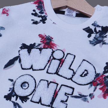 WHITE FLOWERS WILD ONE EMBROIDERED FLEECE FABRIC SWEATSHIRT FOR GIRLS